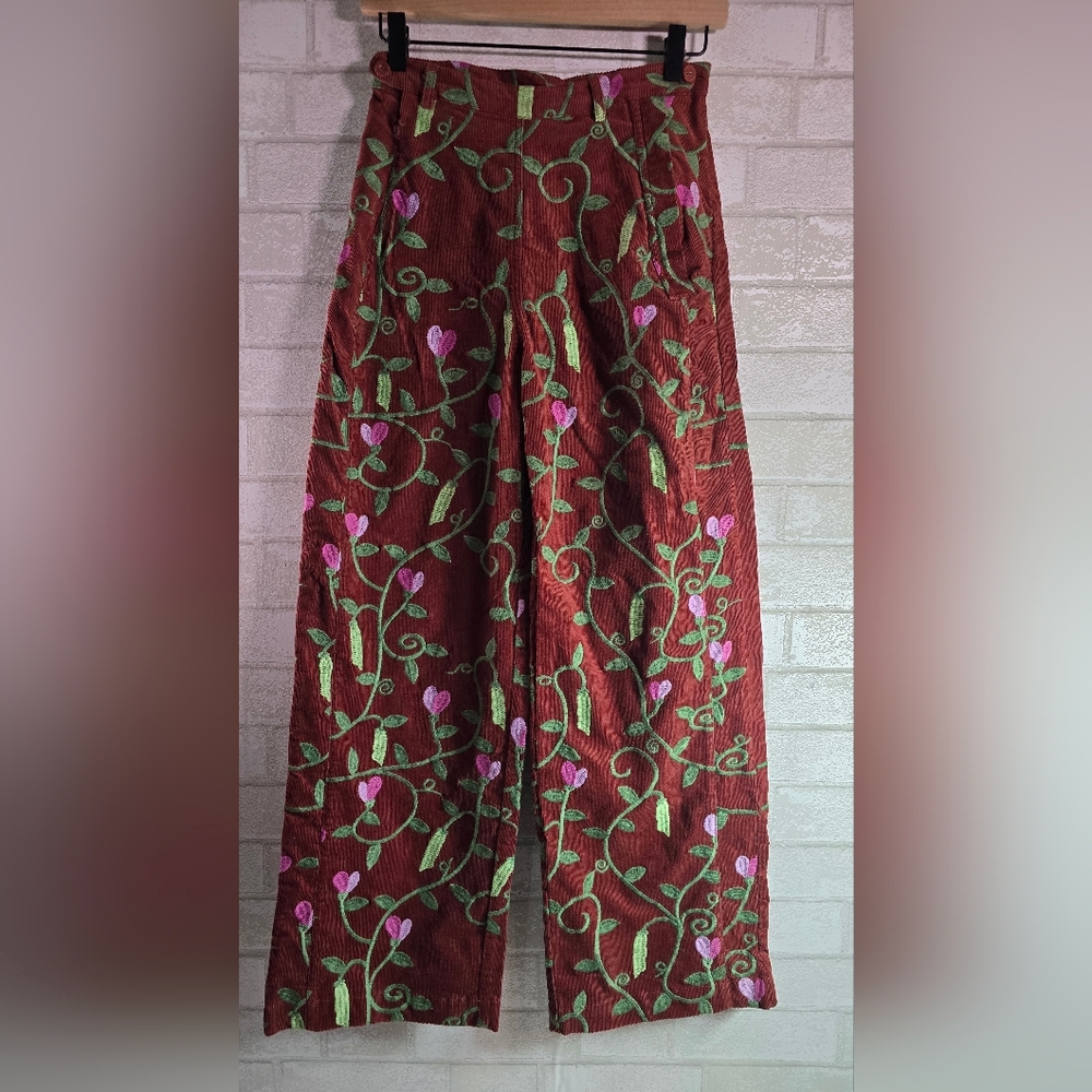 Samantha Pleet Sweet Pea Embroidered Plank Pants Wide Leg Sienna Brown Size 26/8 - Picture 2 of 15